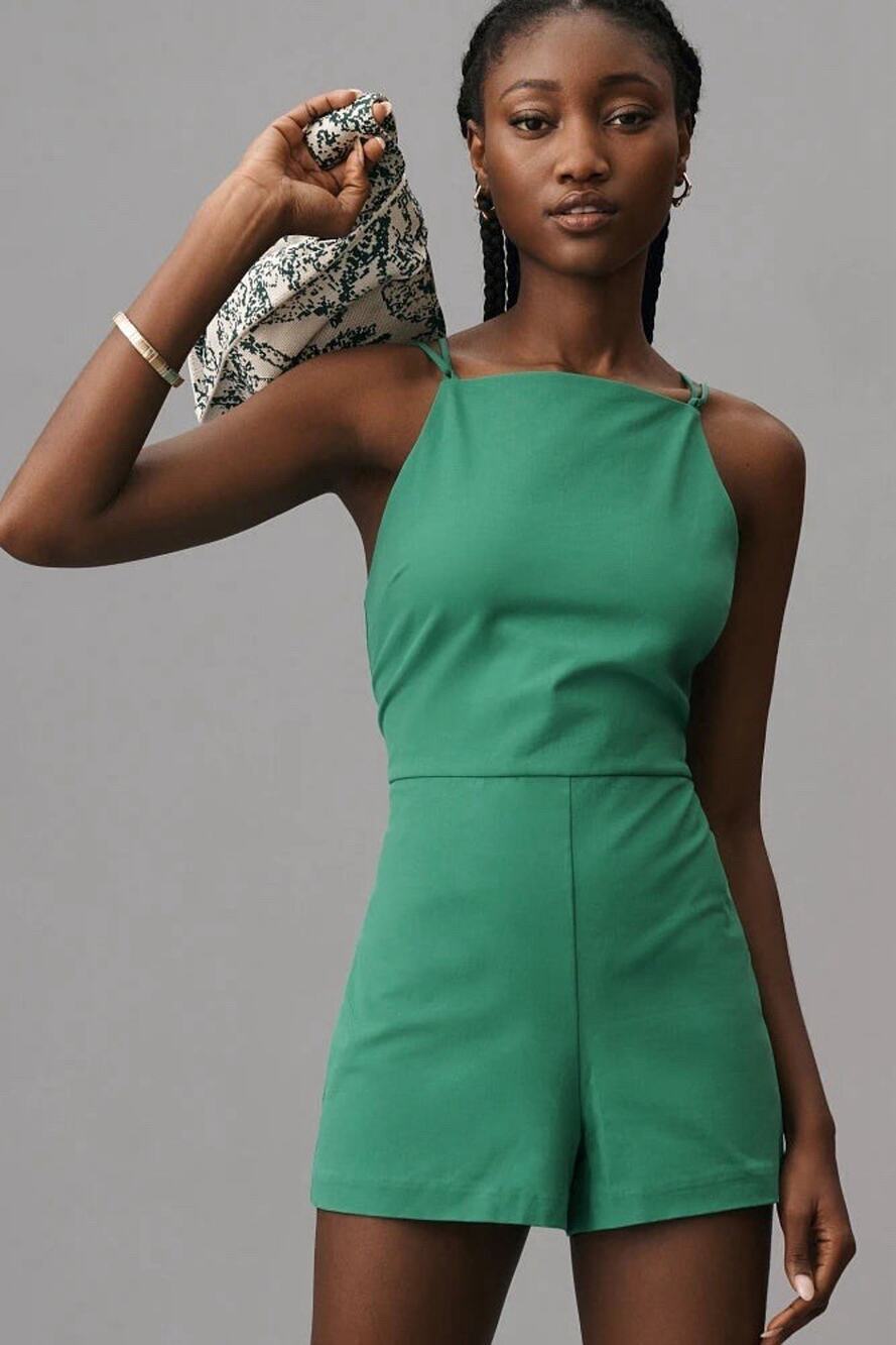 Maeve Anthropologie Strappy Micro Romper Green M Vacation Resort Minimalist